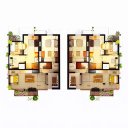 Merge two 2BHK flats into a single spacious 4BHK flat layout, maintaining symmetry and functional living spaces.