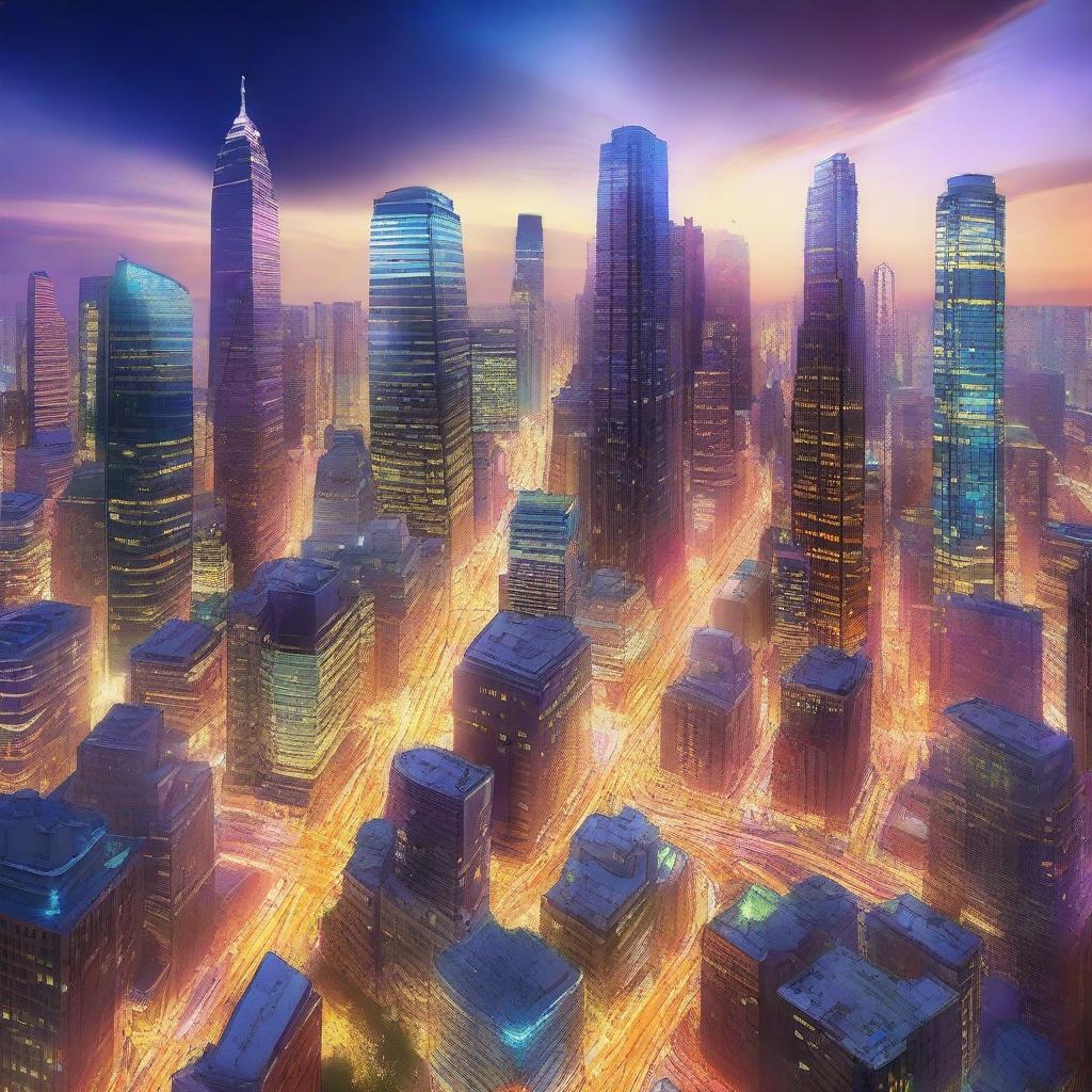 A high-quality digital art image featuring a sprawling cityscape