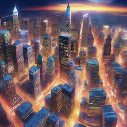 A high-quality digital art image featuring a sprawling cityscape