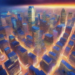 A high-quality digital art image featuring a sprawling cityscape