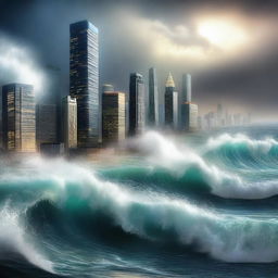 A high-quality digital art image depicting a large city during a tsunami