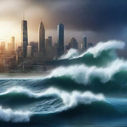 A high-quality digital art image depicting a large city during a tsunami