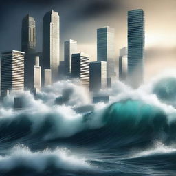 A high-quality digital art image depicting a large city during a tsunami