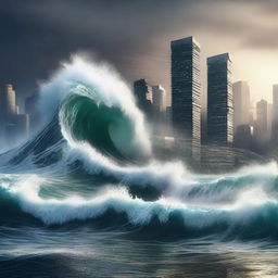 A high-quality digital art image depicting a large city during a tsunami