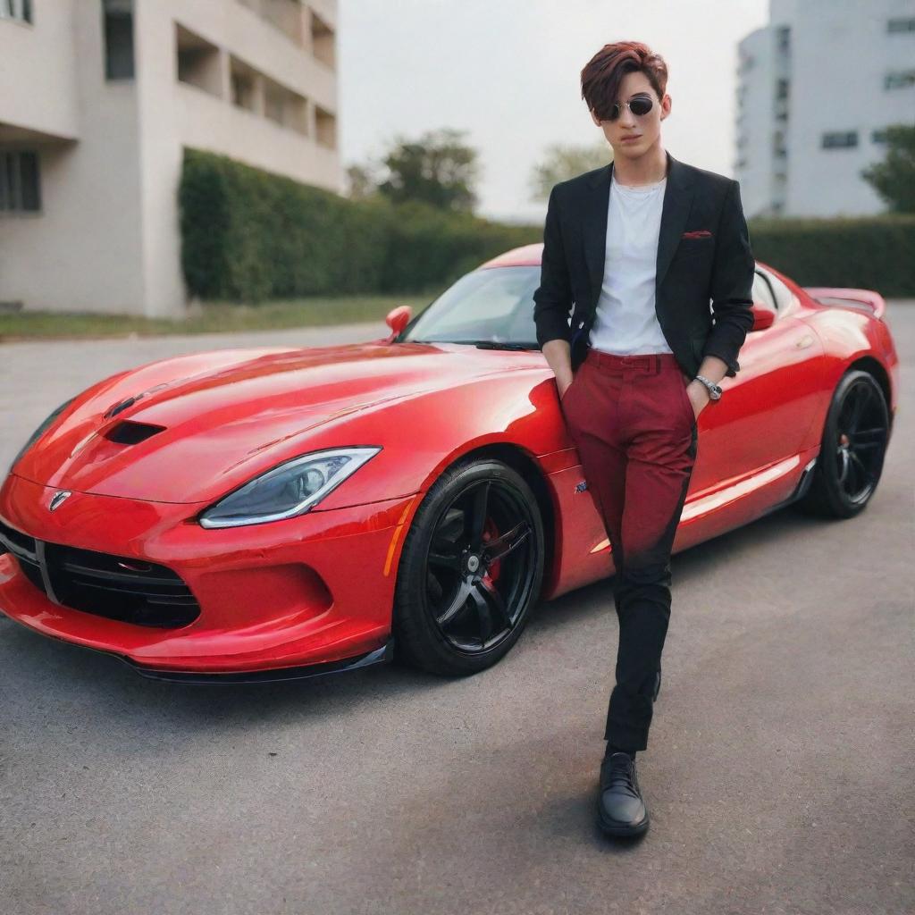 A stylish anime boy striking a confident pose in front of a sleek, red Dodge Viper under clear daylight