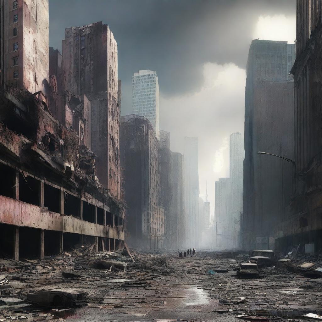 A high-quality digital art image showing the aftermath of a disaster in a large city