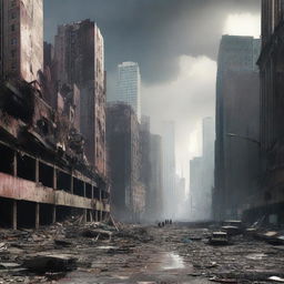 A high-quality digital art image showing the aftermath of a disaster in a large city