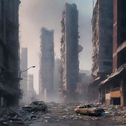 A high-quality digital art image showing the aftermath of a disaster in a large city