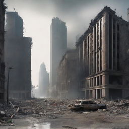 A high-quality digital art image showing the aftermath of a disaster in a large city