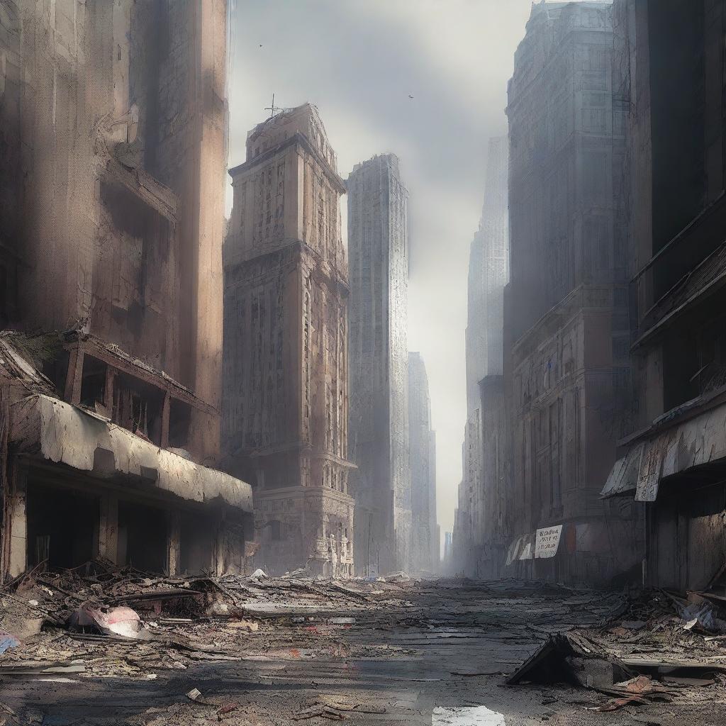 A high-quality digital art image showing the aftermath of a disaster in a large city