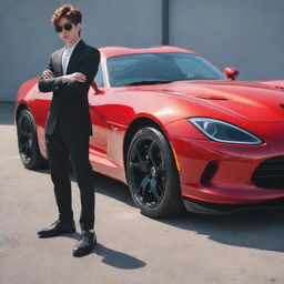 A stylish anime boy striking a confident pose in front of a sleek, red Dodge Viper under clear daylight