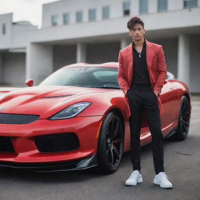 A stylish anime boy striking a confident pose in front of a sleek, red Dodge Viper under clear daylight