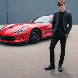 A stylish anime boy striking a confident pose in front of a sleek, red Dodge Viper under clear daylight