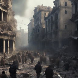 A high-quality digital art image portraying the chaotic scene of a large city in ruins where all the inhabitants are fleeing