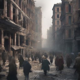 A high-quality digital art image portraying the chaotic scene of a large city in ruins where all the inhabitants are fleeing