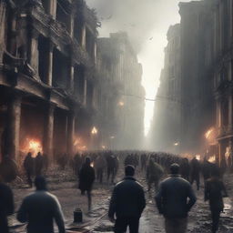 A high-quality digital art image portraying the chaotic scene of a large city in ruins where all the inhabitants are fleeing