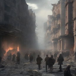 A high-quality digital art image portraying the chaotic scene of a large city in ruins where all the inhabitants are fleeing