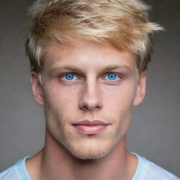 A handsome young man with chiseled jaws, blonde hair, and piercing blue eyes.