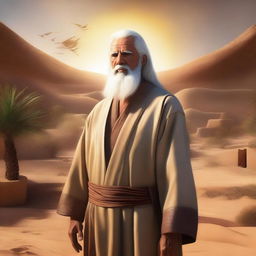 This is a high-quality digital art image, depicting the prophet Noah living in the previously described desert village