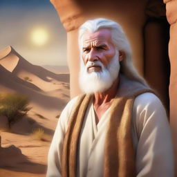 This is a high-quality digital art image, depicting the prophet Noah living in the previously described desert village