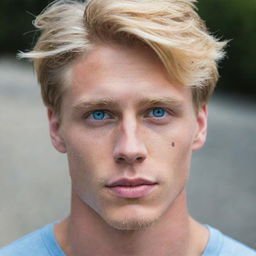 A handsome young man with chiseled jaws, blonde hair, and piercing blue eyes.