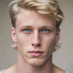 A handsome young man with chiseled jaws, blonde hair, and piercing blue eyes.