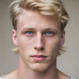 A handsome young man with chiseled jaws, blonde hair, and piercing blue eyes.