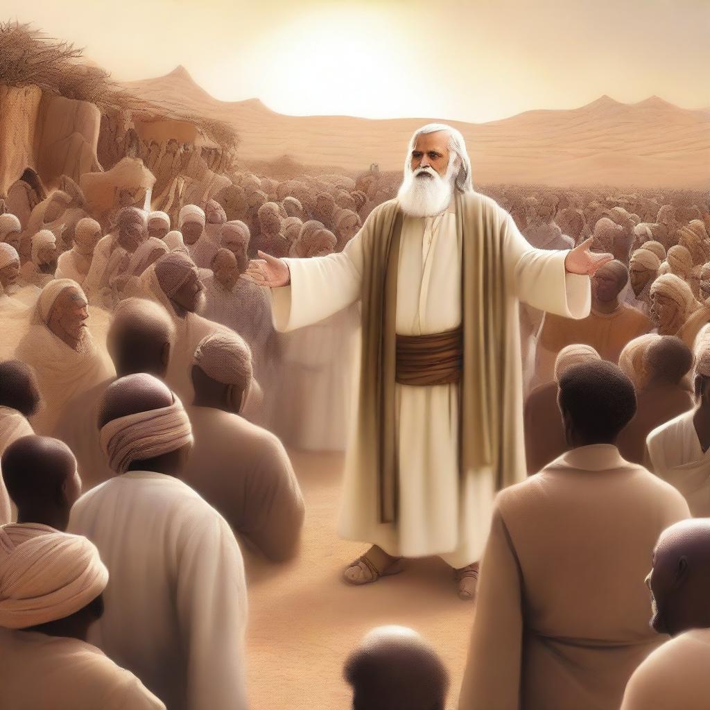 A high-quality digital art image showing Prophet Noah preaching amidst a crowd in the desert village