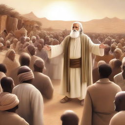 A high-quality digital art image showing Prophet Noah preaching amidst a crowd in the desert village