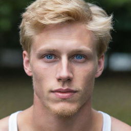 A handsome young man with chiseled jaws, blonde hair, and piercing blue eyes.