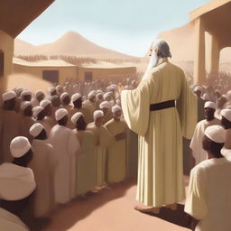 A high-quality digital art image showing Prophet Noah preaching amidst a crowd in the desert village