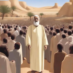 A high-quality digital art image showing Prophet Noah preaching amidst a crowd in the desert village