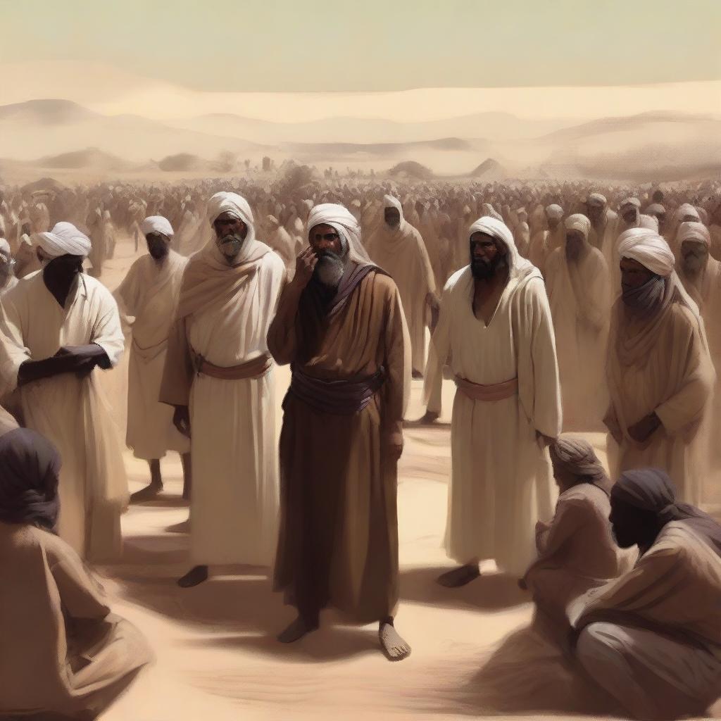 A high-quality digital art image capturing a tense moment in the desert village