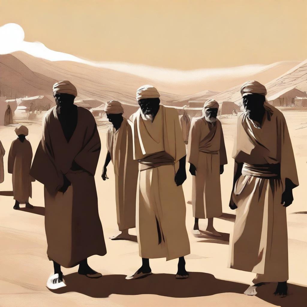 A high-quality digital art image capturing a tense moment in the desert village