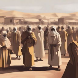 A high-quality digital art image capturing a tense moment in the desert village