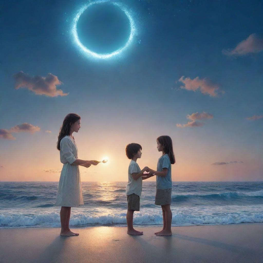 A young boy presenting a ring to a girl, surrounded by the vast, endless ocean, under the infinite sky.