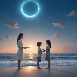 A young boy presenting a ring to a girl, surrounded by the vast, endless ocean, under the infinite sky.