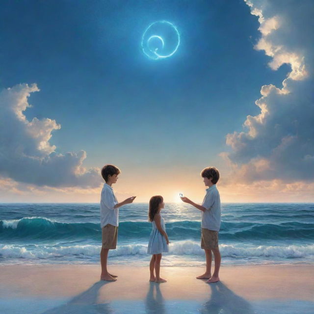 A young boy presenting a ring to a girl, surrounded by the vast, endless ocean, under the infinite sky.