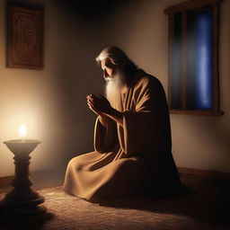 An evocative digital art image portraying Prophet Noah in prayer during the night at his home