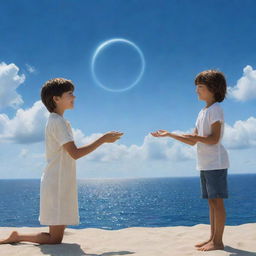 A young boy presenting a ring to a girl, surrounded by the vast, endless ocean, under the infinite sky.