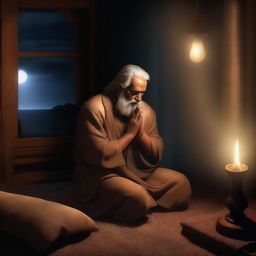 An evocative digital art image portraying Prophet Noah in prayer during the night at his home