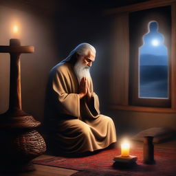 An evocative digital art image portraying Prophet Noah in prayer during the night at his home