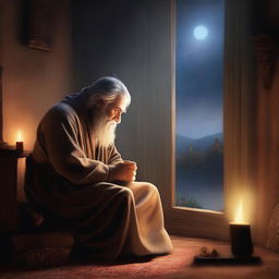 An evocative digital art image portraying Prophet Noah in prayer during the night at his home