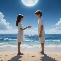 A young boy presenting a ring to a girl, surrounded by the vast, endless ocean, under the infinite sky.