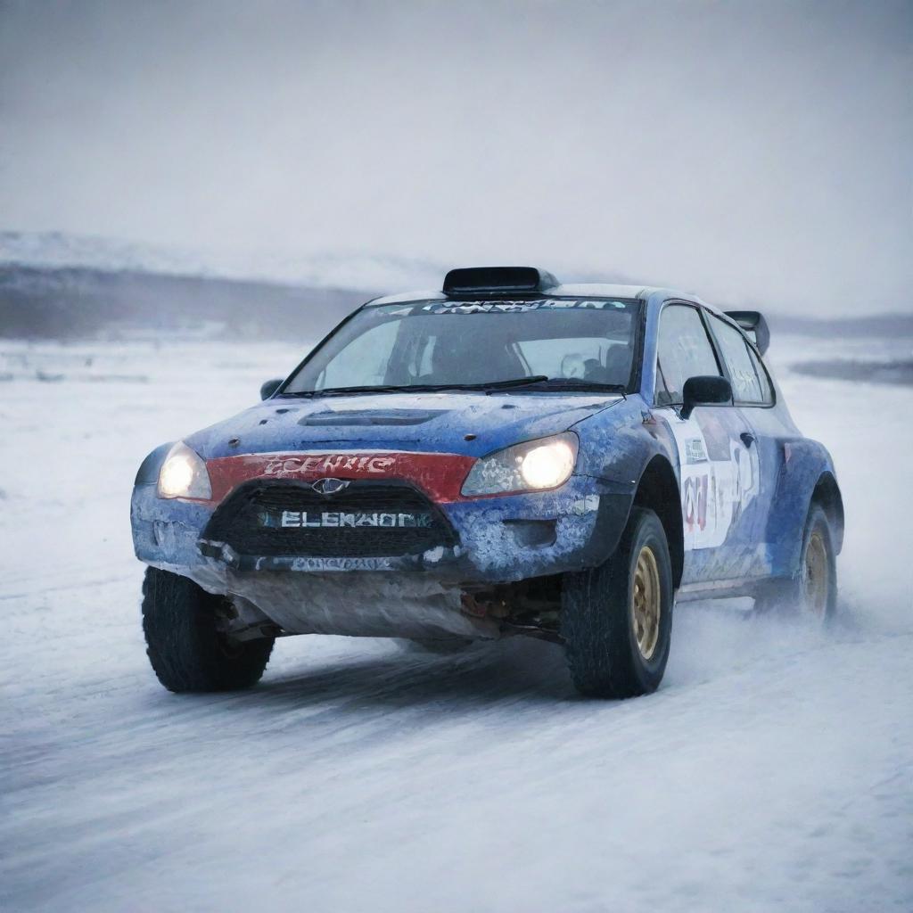 A thrilling image of an Icelandic rally car, uniquely equipped to handle the icy, rugged terrains of Iceland, in full action on the track.