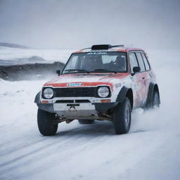 A thrilling image of an Icelandic rally car, uniquely equipped to handle the icy, rugged terrains of Iceland, in full action on the track.