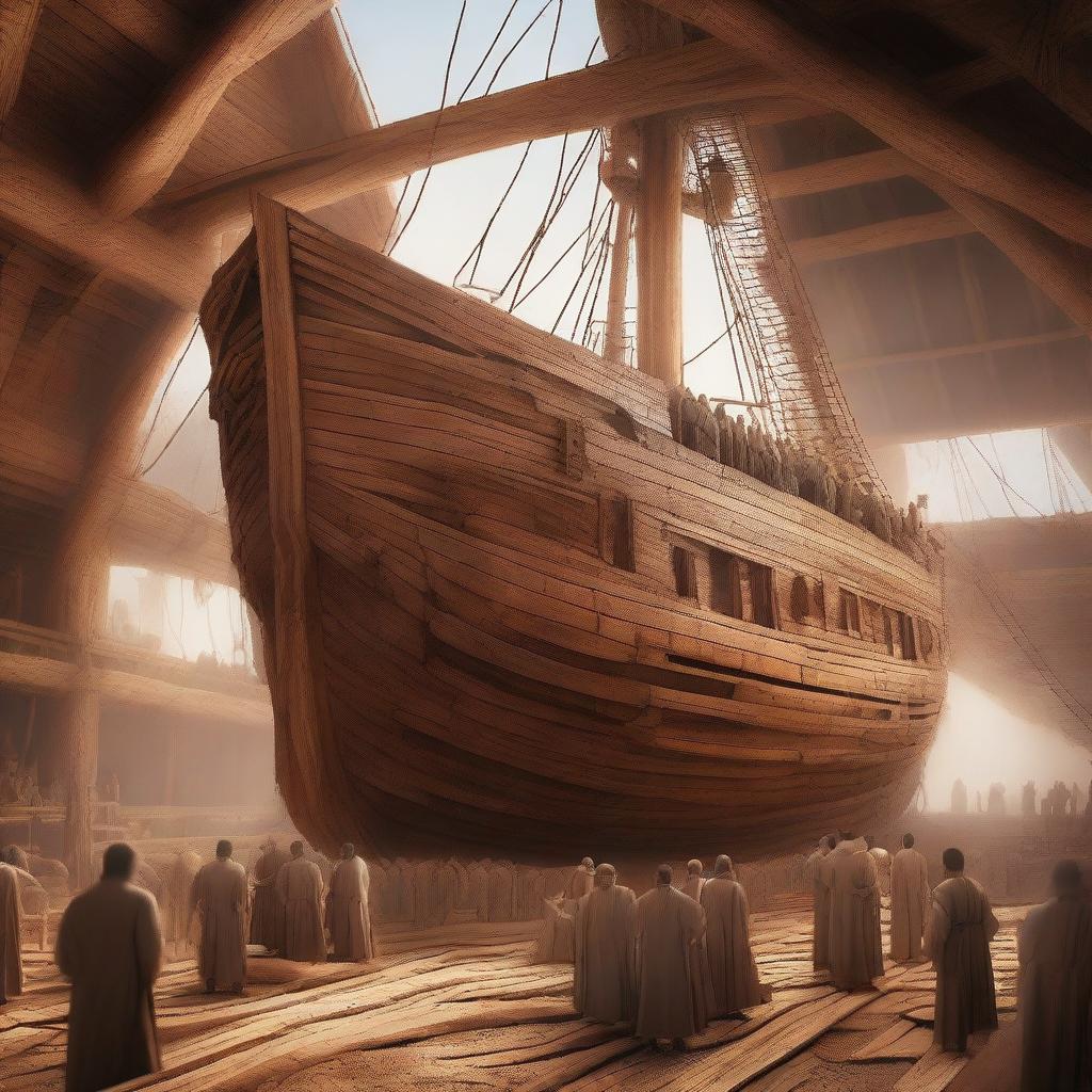 A dynamic digital art image showcasing Prophet Noah and his followers constructing a large wooden ship