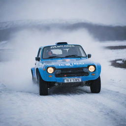 A thrilling image of an Icelandic rally car, uniquely equipped to handle the icy, rugged terrains of Iceland, in full action on the track.