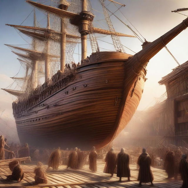 A dynamic digital art image showcasing Prophet Noah and his followers constructing a large wooden ship