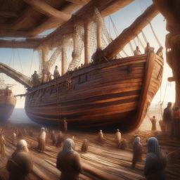 A dynamic digital art image showcasing Prophet Noah and his followers constructing a large wooden ship